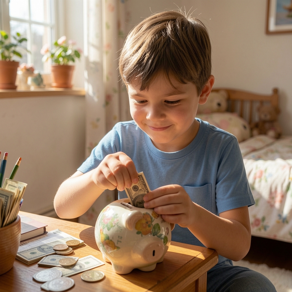 niño de 8 años ahorrando dinero